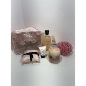 Perlier Pink Peony Gift Set Cosmetic Bag Hand Cream, Shower Gel 8.5oz Candle Etc